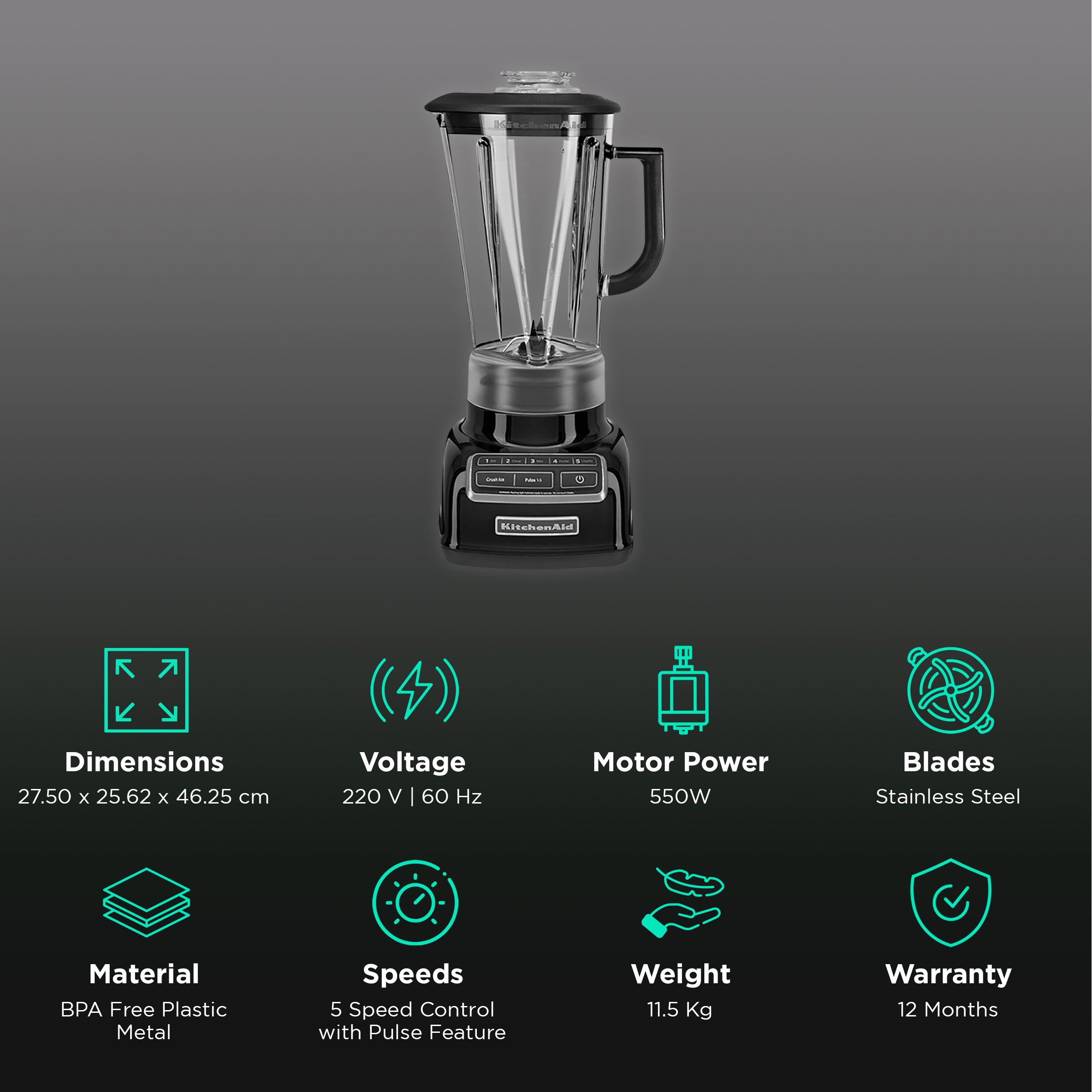 Buy KitchenAid Classic 550 Watt 1 Jar Diamond Blender (Intelli